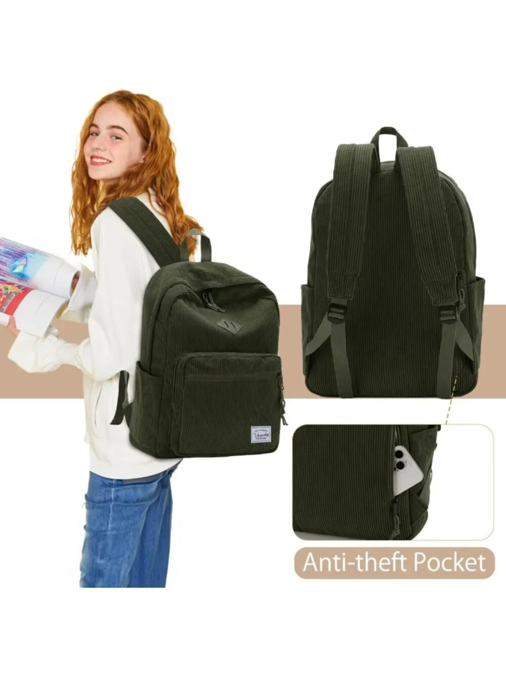 Vintage Corduroy Travel Backpack, Cute Aesthetic Plush Rucksack for School